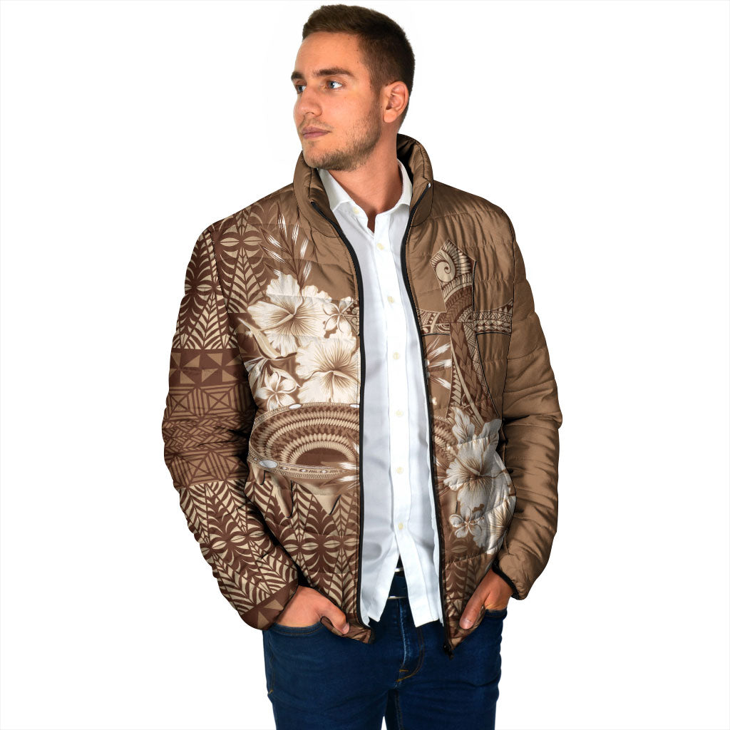Tonga Ngatu Kupesi Brown Tapa Padded Jacket Koe Otua Mo Tonga Ko Hoku Tofia
