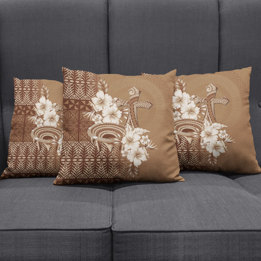 Tonga Ngatu Kupesi Brown Tapa Pillow Cover Koe Otua Mo Tonga Ko Hoku Tofia LT7 - Polynesian Pride