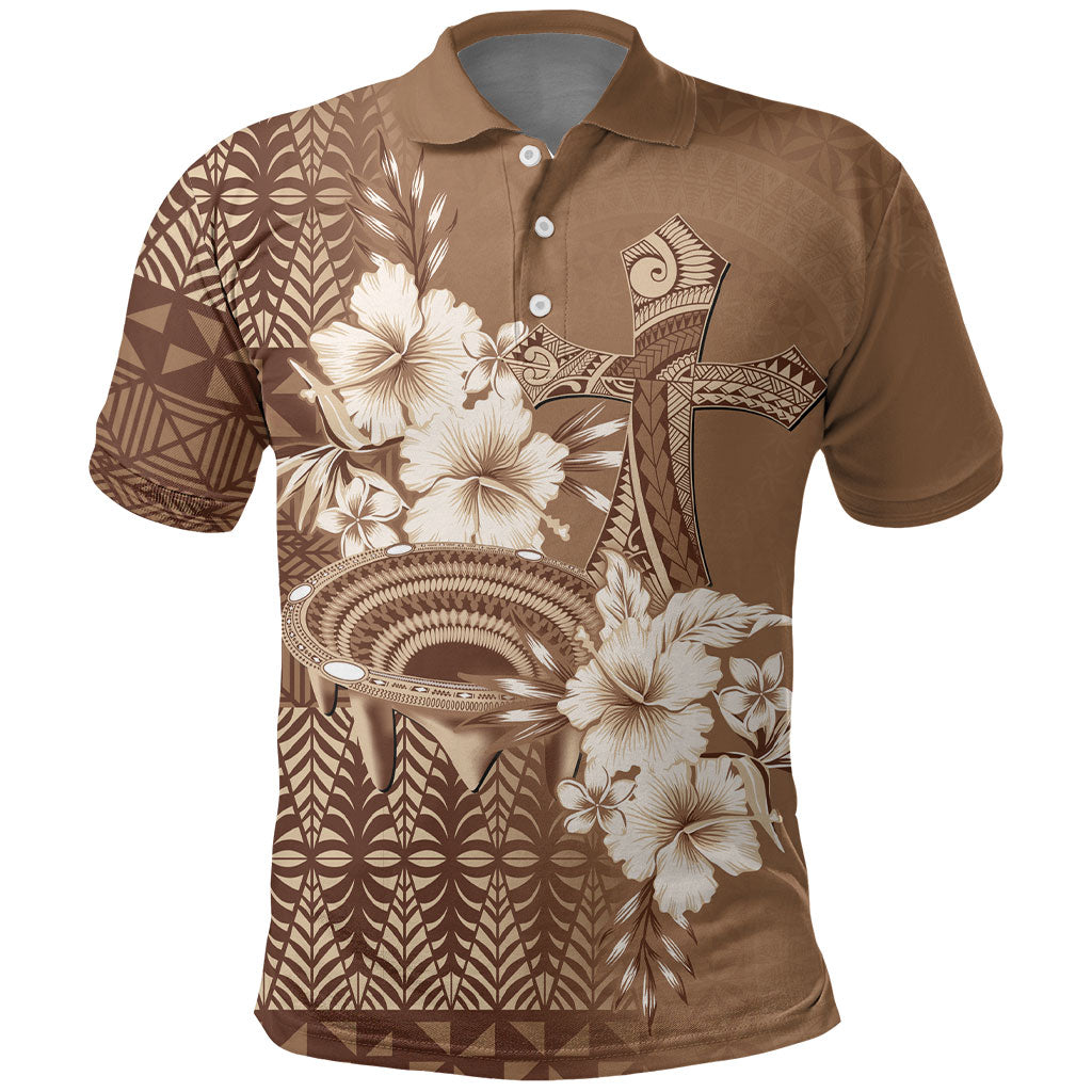 Tonga Ngatu Kupesi Brown Tapa Polo Shirt Koe Otua Mo Tonga Ko Hoku Tofia LT7 Mocha - Polynesian Pride