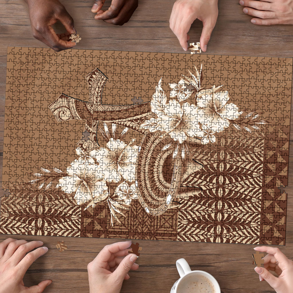 Tonga Ngatu Kupesi Brown Tapa Puzzle Koe Otua Mo Tonga Ko Hoku Tofia LT7 - Polynesian Pride