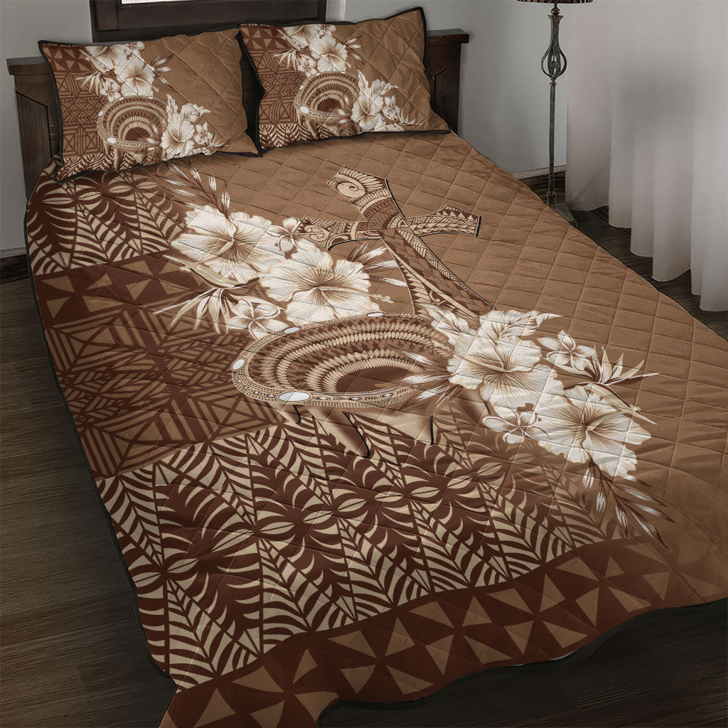 Tonga Ngatu Kupesi Brown Tapa Quilt Bed Set Koe Otua Mo Tonga Ko Hoku Tofia LT7 Mocha - Polynesian Pride