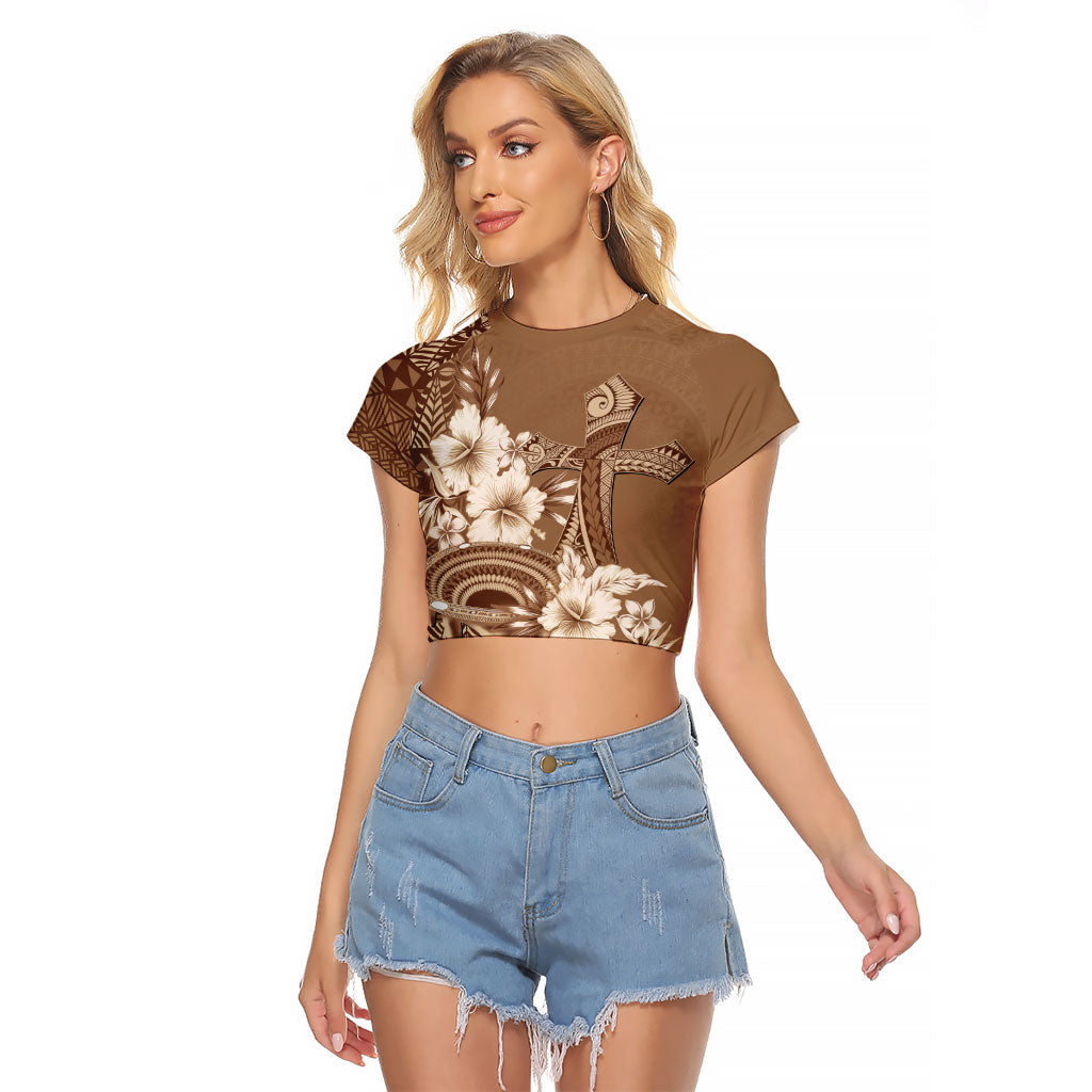 Tonga Ngatu Kupesi Brown Tapa Raglan Cropped T Shirt Koe Otua Mo Tonga Ko Hoku Tofia