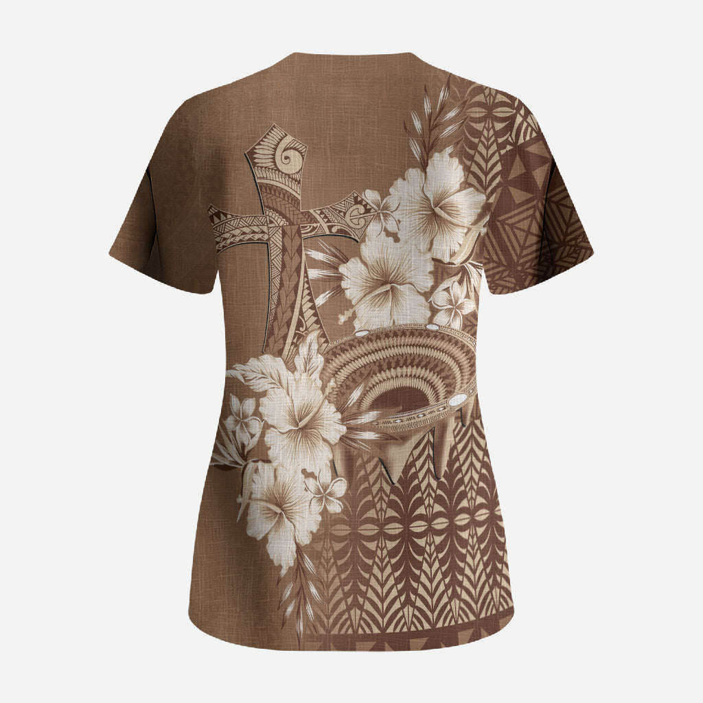 Tonga Ngatu Kupesi Brown Tapa Scrub Top Koe Otua Mo Tonga Ko Hoku Tofia