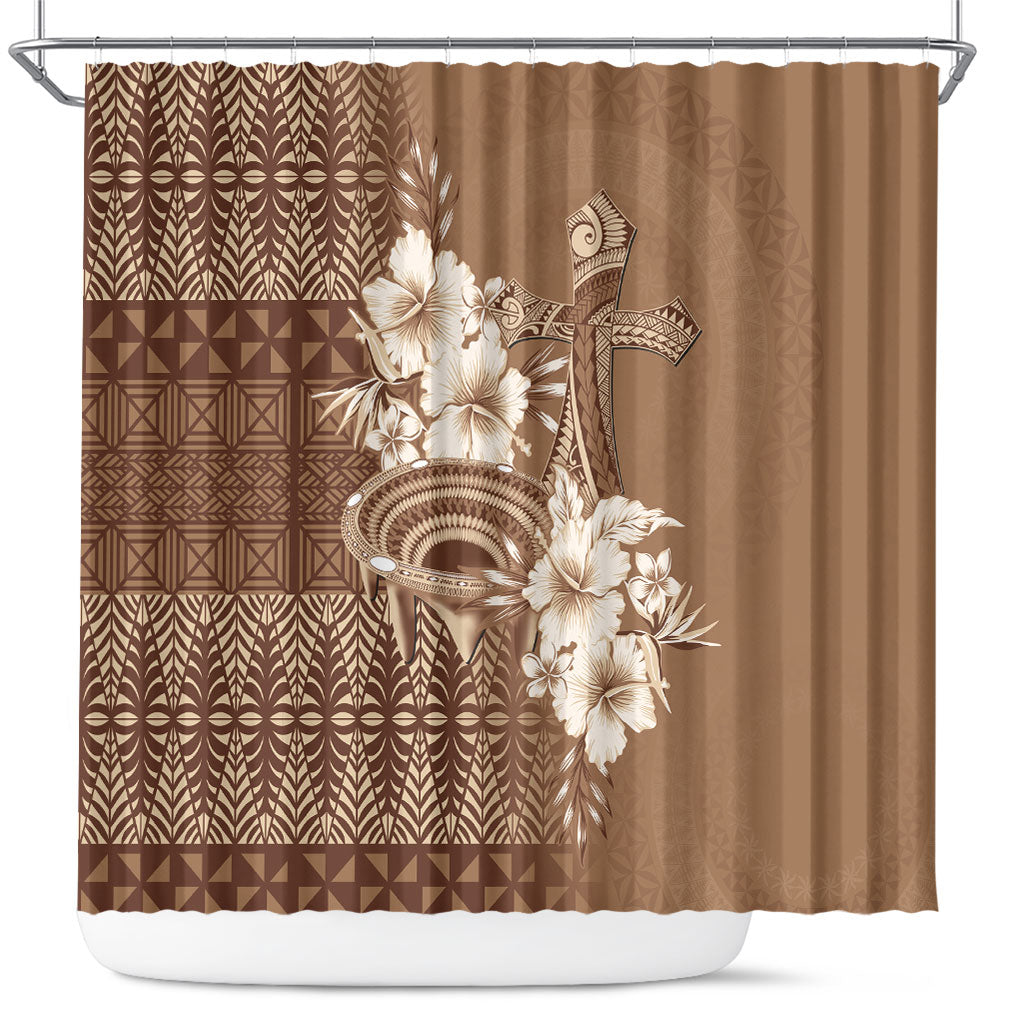 Tonga Ngatu Kupesi Brown Tapa Shower Curtain Koe Otua Mo Tonga Ko Hoku Tofia