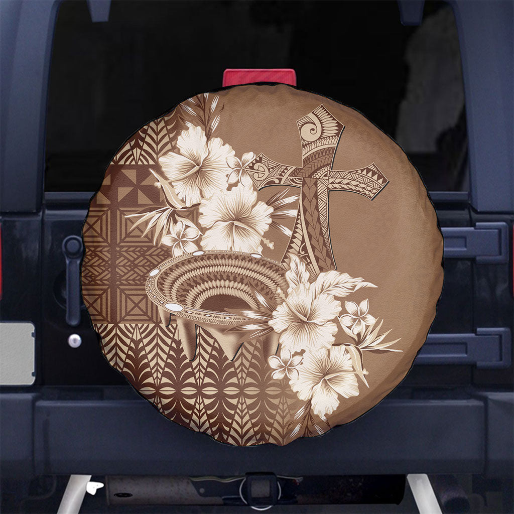 Tonga Ngatu Kupesi Brown Tapa Spare Tire Cover Koe Otua Mo Tonga Ko Hoku Tofia LT7 No hole Mocha - Polynesian Pride