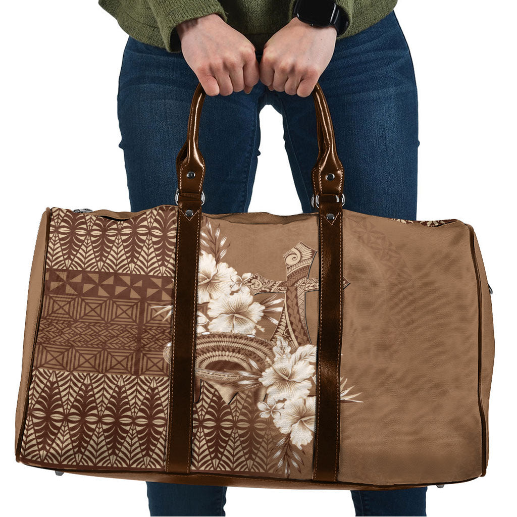 Tonga Ngatu Kupesi Brown Tapa Travel Bag Koe Otua Mo Tonga Ko Hoku Tofia