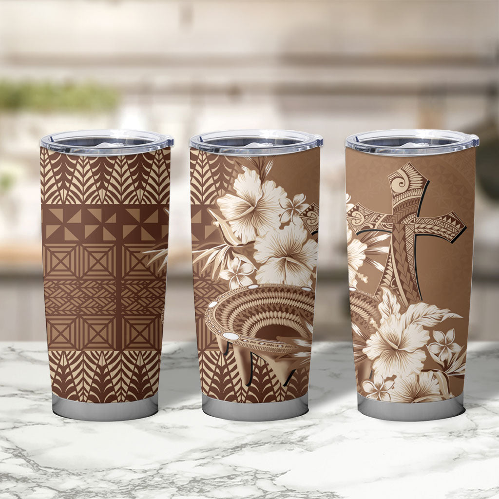 Tonga Ngatu Kupesi Brown Tapa Tumbler Cup Koe Otua Mo Tonga Ko Hoku Tofia LT7 - Polynesian Pride