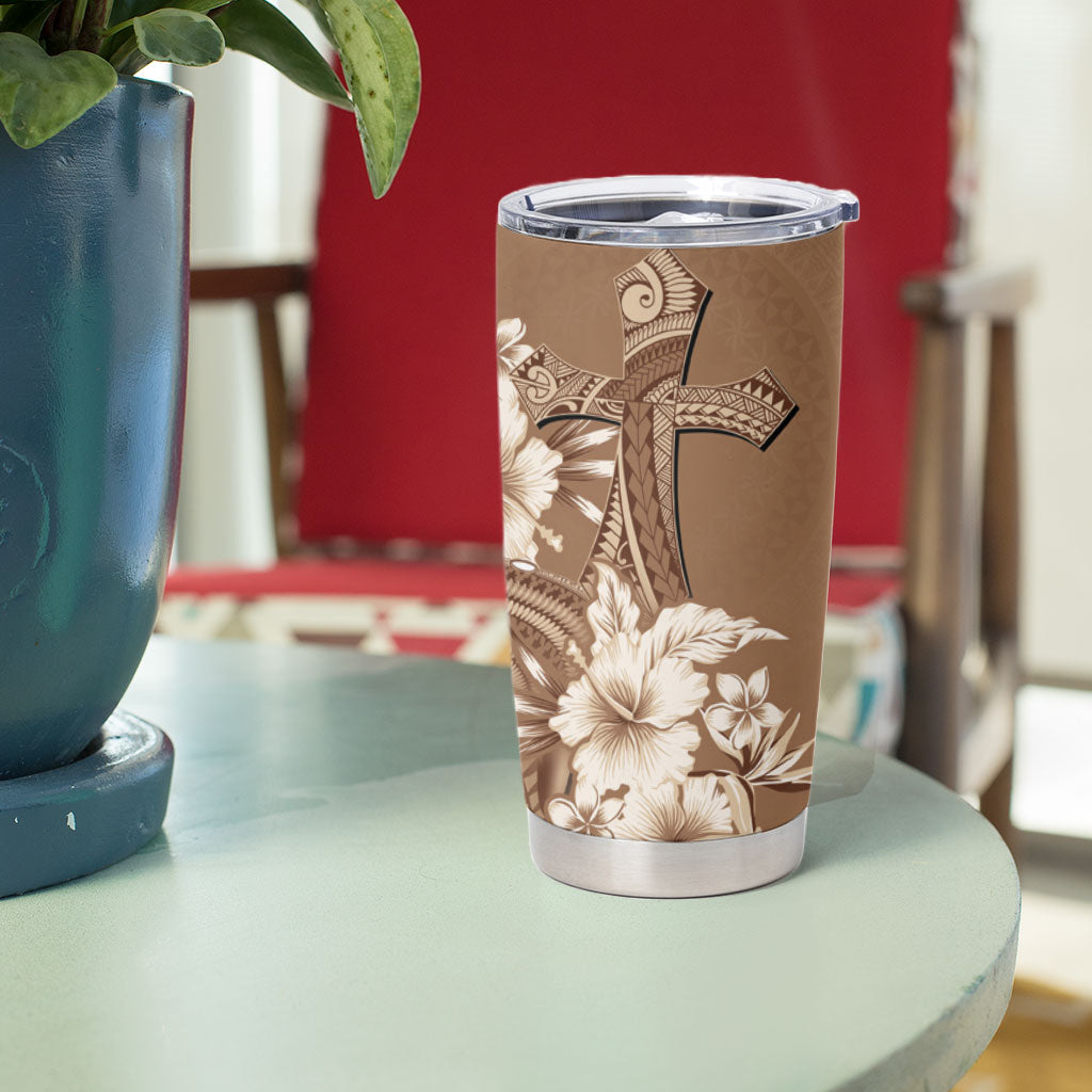 Tonga Ngatu Kupesi Brown Tapa Tumbler Cup Koe Otua Mo Tonga Ko Hoku Tofia LT7 - Polynesian Pride