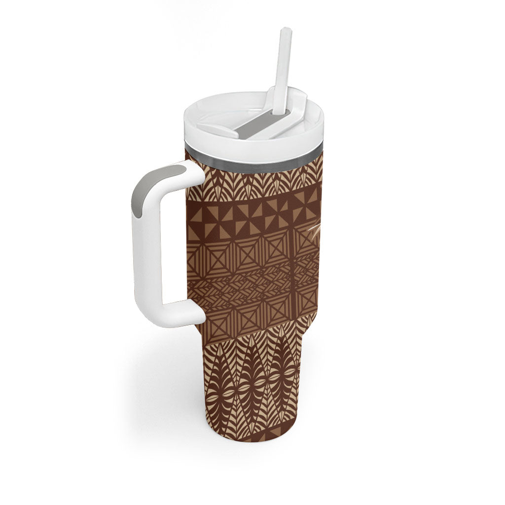 Tonga Ngatu Kupesi Brown Tapa Tumbler With Handle Koe Otua Mo Tonga Ko Hoku Tofia LT7 - Polynesian Pride