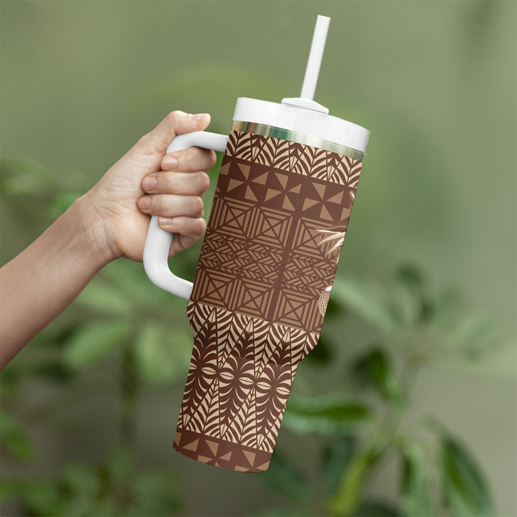 Tonga Ngatu Kupesi Brown Tapa Tumbler With Handle Koe Otua Mo Tonga Ko Hoku Tofia LT7 - Polynesian Pride