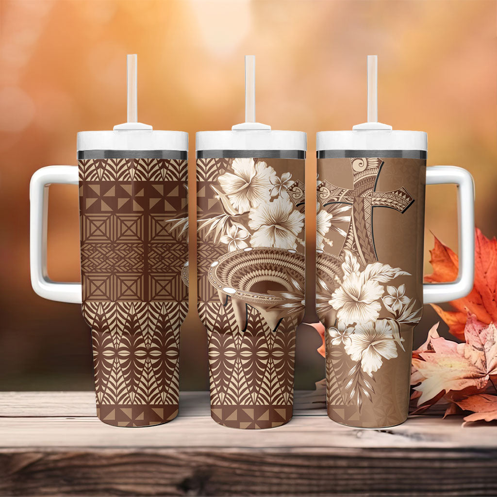 Tonga Ngatu Kupesi Brown Tapa Tumbler With Handle Koe Otua Mo Tonga Ko Hoku Tofia LT7 - Polynesian Pride