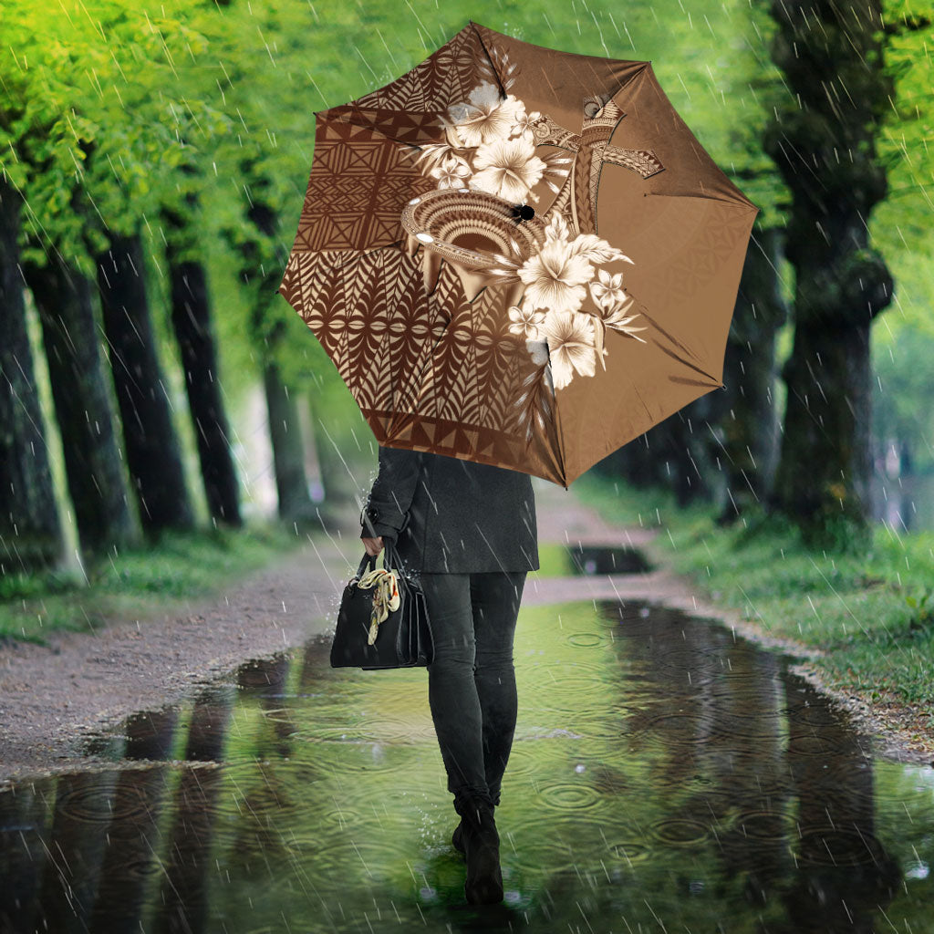 Tonga Ngatu Kupesi Brown Tapa Umbrella Koe Otua Mo Tonga Ko Hoku Tofia LT7 - Polynesian Pride