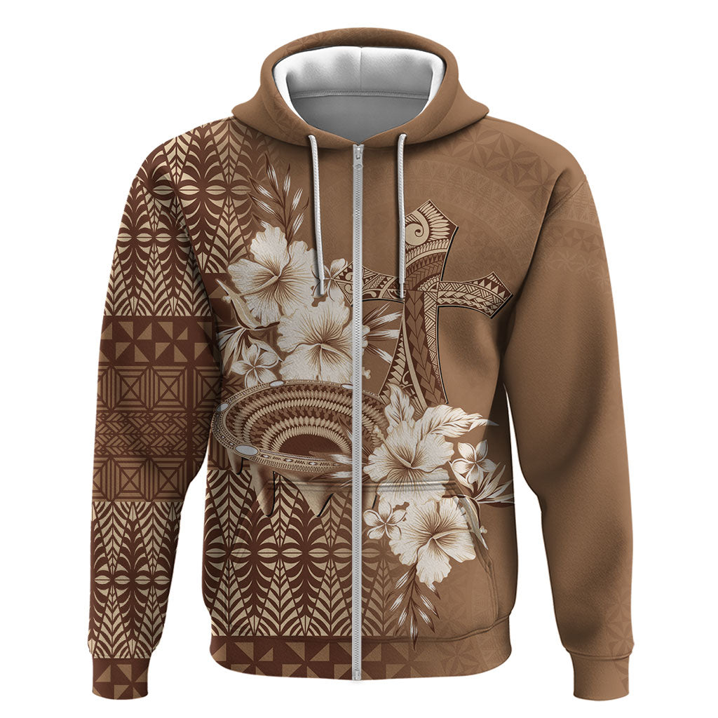 Tonga Ngatu Kupesi Brown Tapa Zip Hoodie Koe Otua Mo Tonga Ko Hoku Tofia
