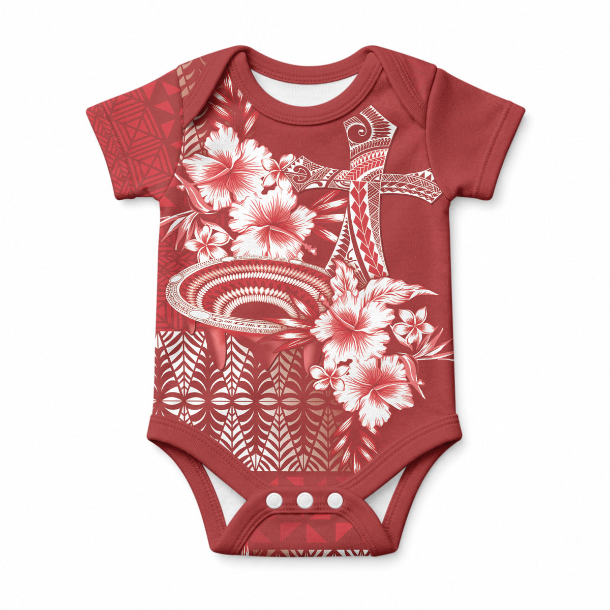 Tonga Ngatu Kupesi Royal Red Baby Onesie Koe Otua Mo Tonga Ko Hoku Tofia LT7 Red - Polynesian Pride