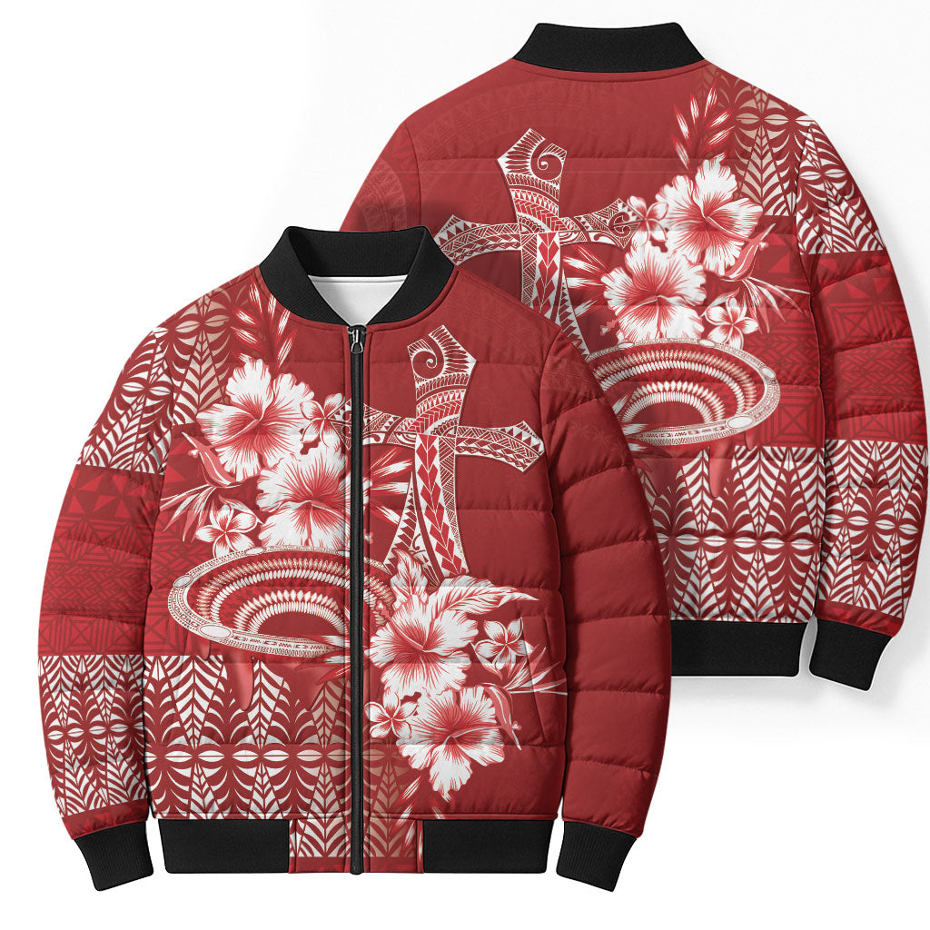 Tonga Ngatu Kupesi Royal Red Bomber Puffer Jacket Koe Otua Mo Tonga Ko Hoku Tofia LT7 - Polynesian Pride