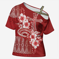 Tonga Ngatu Kupesi Royal Red Cross Shoulder Shirt Koe Otua Mo Tonga Ko Hoku Tofia LT7 Female Red - Polynesian Pride