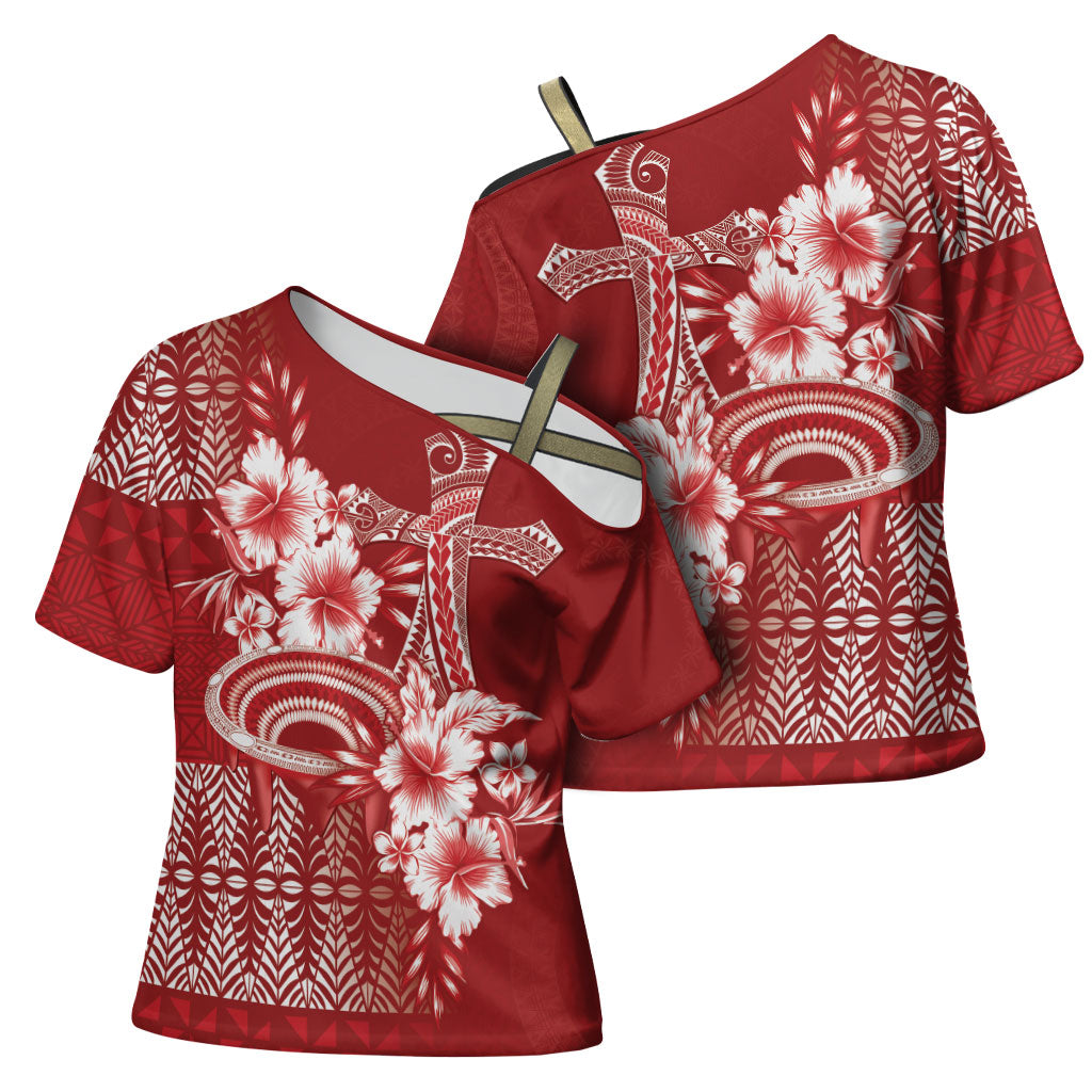 Tonga Ngatu Kupesi Royal Red Cross Shoulder Shirt Koe Otua Mo Tonga Ko Hoku Tofia LT7 - Polynesian Pride