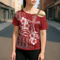 Tonga Ngatu Kupesi Royal Red Cross Shoulder Shirt Koe Otua Mo Tonga Ko Hoku Tofia LT7 - Polynesian Pride