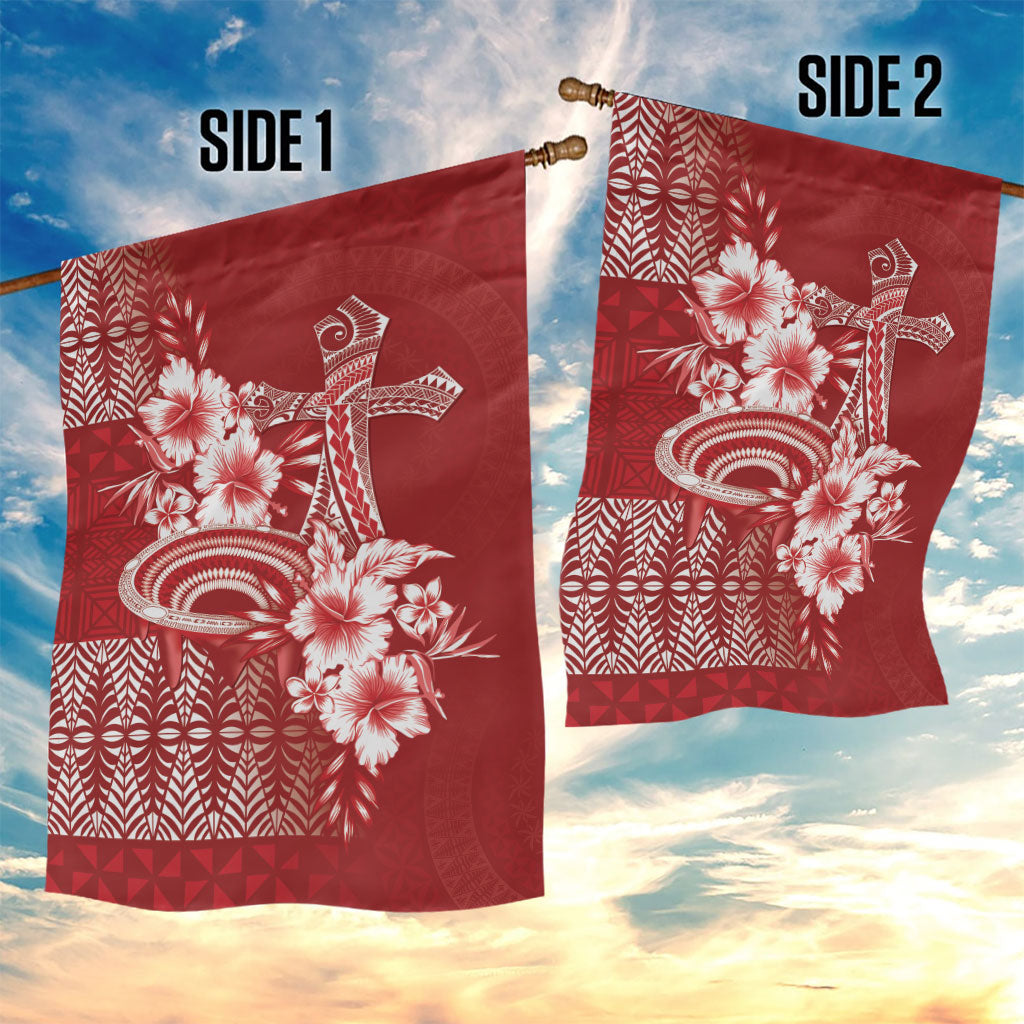 Tonga Ngatu Kupesi Royal Red Garden Flag Koe Otua Mo Tonga Ko Hoku Tofia LT7 - Polynesian Pride