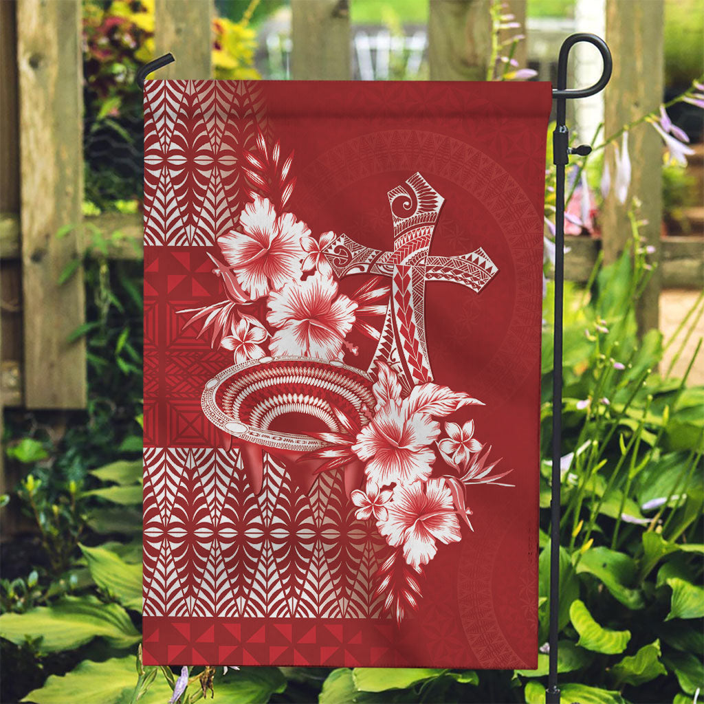 Tonga Ngatu Kupesi Royal Red Garden Flag Koe Otua Mo Tonga Ko Hoku Tofia LT7 Garden Flag Red - Polynesian Pride