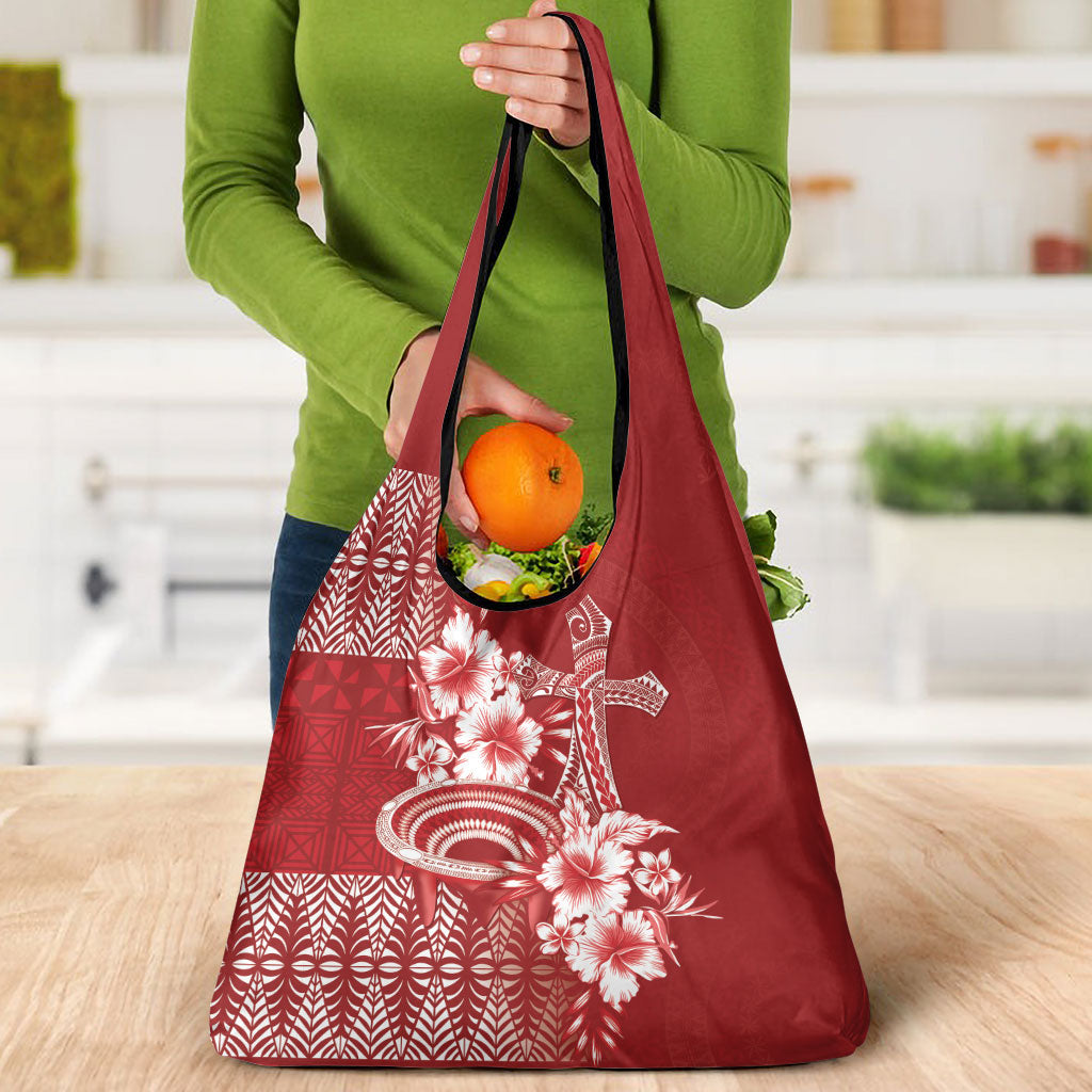 Tonga Ngatu Kupesi Royal Red Grocery Bag Koe Otua Mo Tonga Ko Hoku Tofia LT7 - Polynesian Pride