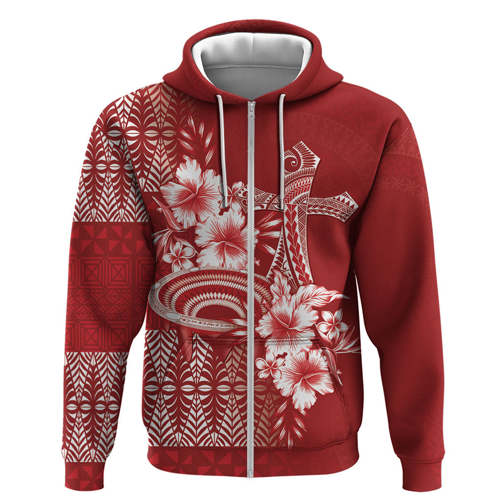 Tonga Ngatu Kupesi Royal Red Hoodie Koe Otua Mo Tonga Ko Hoku Tofia LT7 Zip Hoodie Red - Polynesian Pride