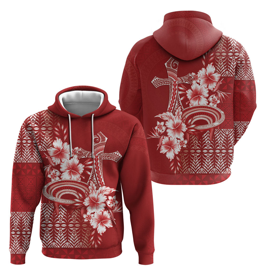 Tonga Ngatu Kupesi Royal Red Hoodie Koe Otua Mo Tonga Ko Hoku Tofia LT7 - Polynesian Pride
