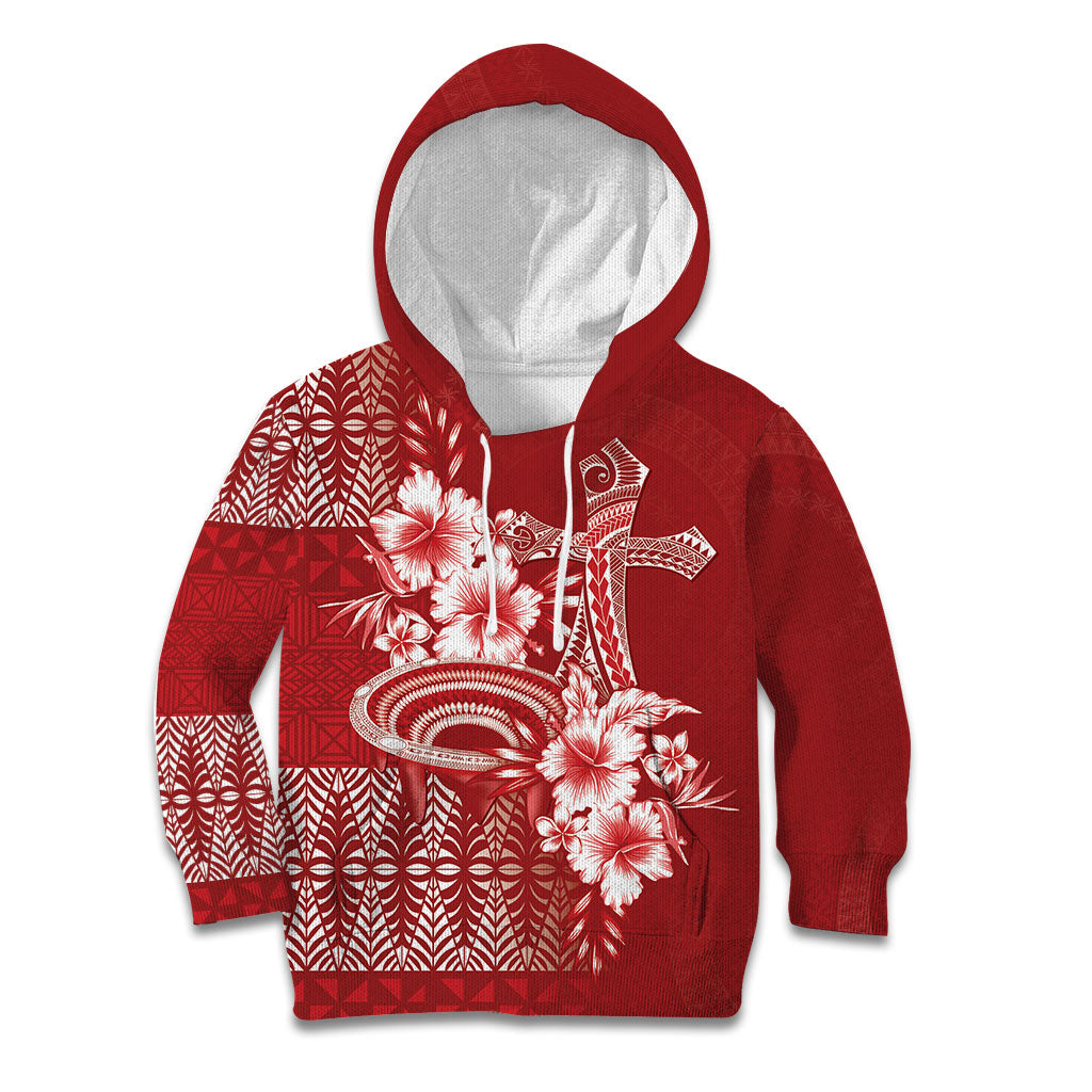 Tonga Ngatu Kupesi Royal Red Kid Hoodie Koe Otua Mo Tonga Ko Hoku Tofia LT7 Hoodie Red - Polynesian Pride