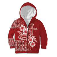 Tonga Ngatu Kupesi Royal Red Kid Hoodie Koe Otua Mo Tonga Ko Hoku Tofia LT7 Zip Hoodie Red - Polynesian Pride