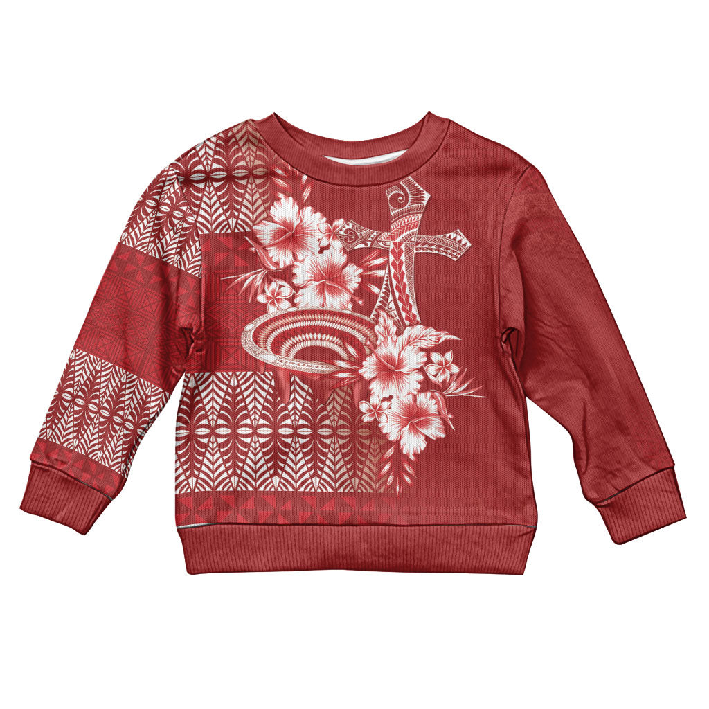 Tonga Ngatu Kupesi Royal Red Kid Ugly Christmas Sweater Koe Otua Mo Tonga Ko Hoku Tofia LT7 Kid Red - Polynesian Pride