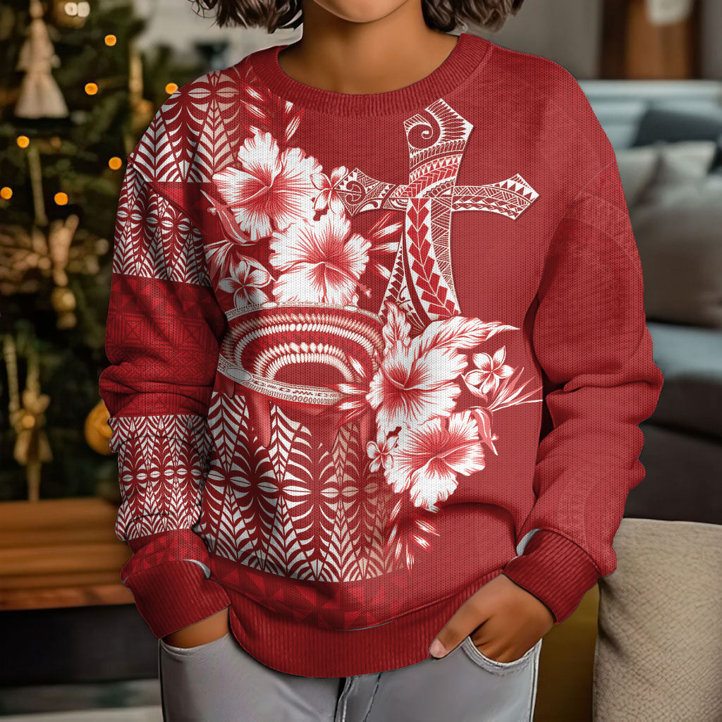 Tonga Ngatu Kupesi Royal Red Kid Ugly Christmas Sweater Koe Otua Mo Tonga Ko Hoku Tofia LT7 - Polynesian Pride