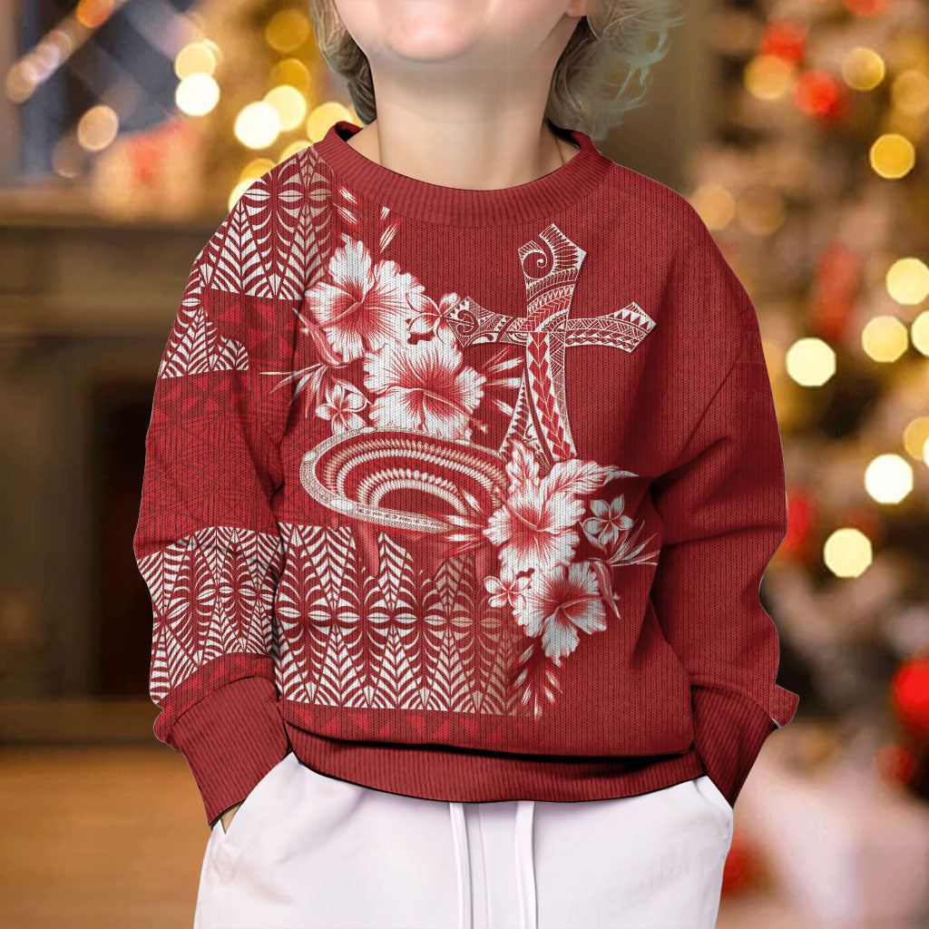Tonga Ngatu Kupesi Royal Red Kid Ugly Christmas Sweater Koe Otua Mo Tonga Ko Hoku Tofia LT7 - Polynesian Pride