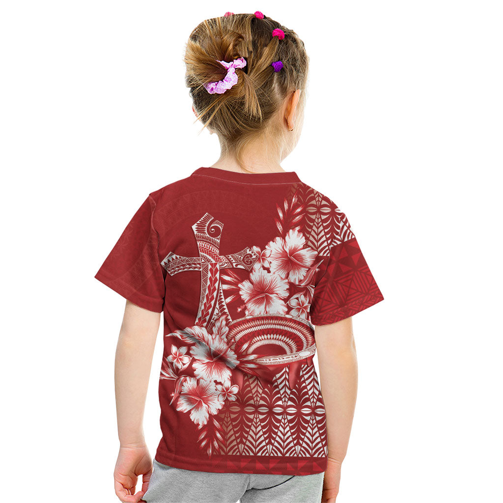 Tonga Ngatu Kupesi Royal Red Kid T Shirt Koe Otua Mo Tonga Ko Hoku Tofia LT7 - Polynesian Pride