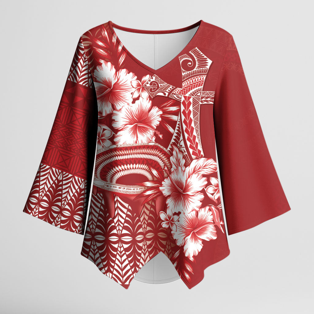 Tonga Ngatu Kupesi Royal Red Kimono Sleeve Blouse Koe Otua Mo Tonga Ko Hoku Tofia LT7 Female Red - Polynesian Pride