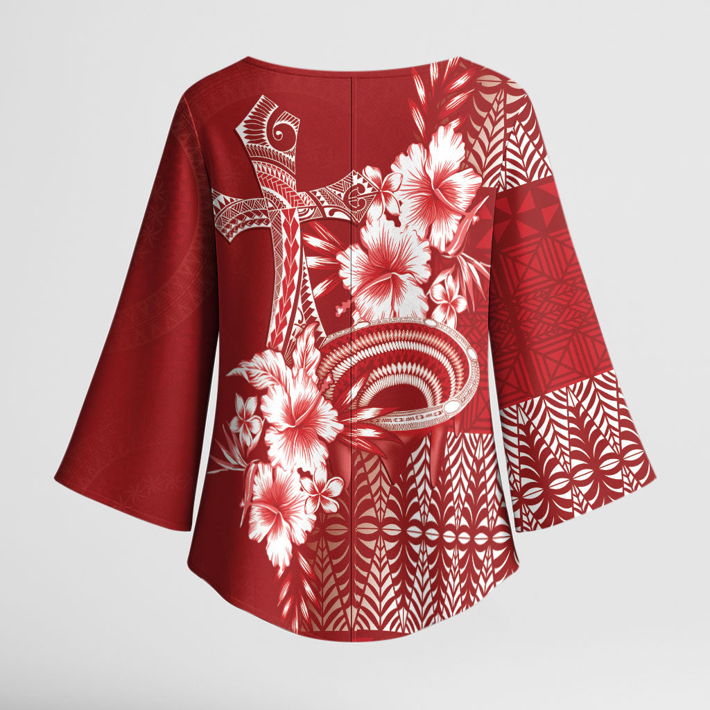 Tonga Ngatu Kupesi Royal Red Kimono Sleeve Blouse Koe Otua Mo Tonga Ko Hoku Tofia LT7 - Polynesian Pride