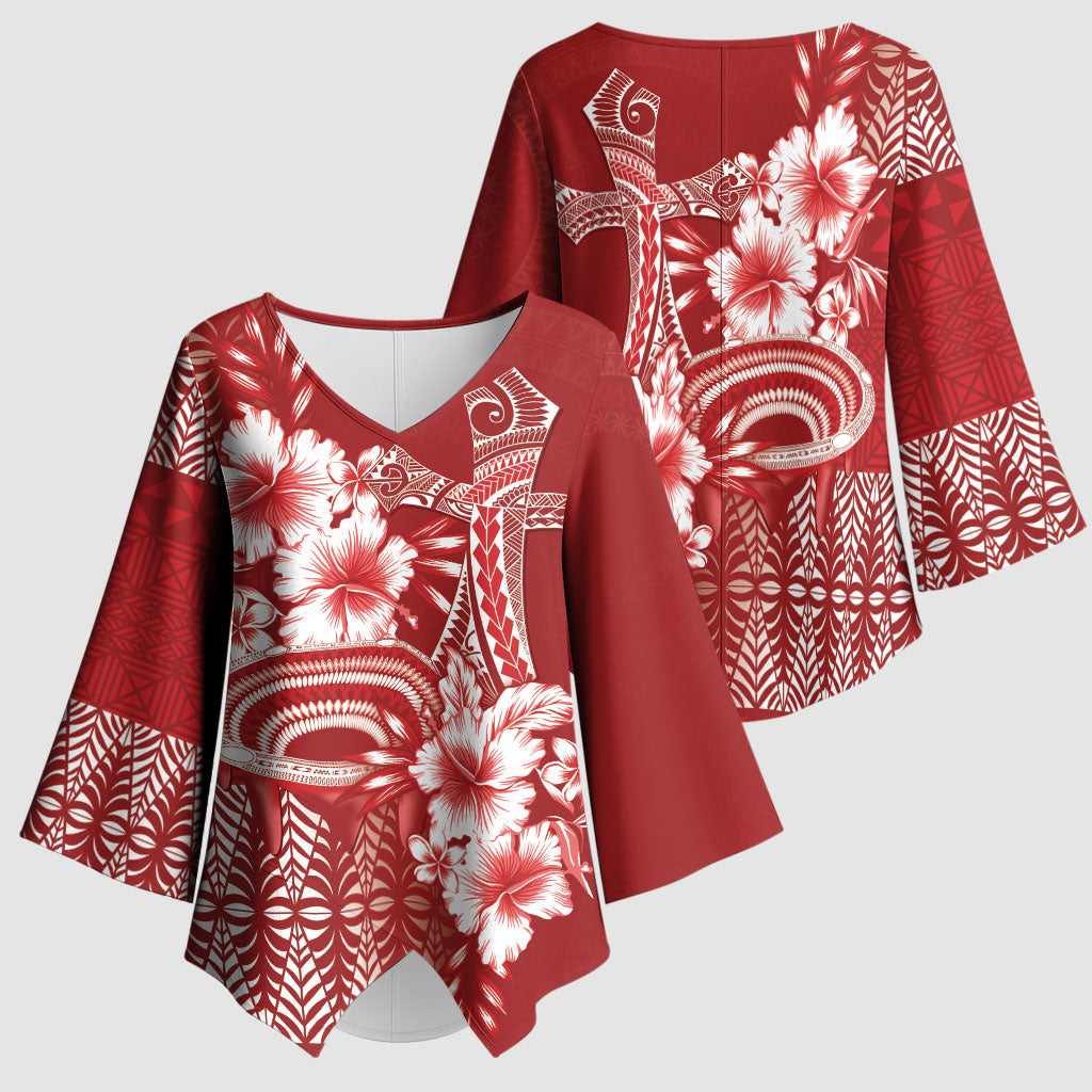 Tonga Ngatu Kupesi Royal Red Kimono Sleeve Blouse Koe Otua Mo Tonga Ko Hoku Tofia LT7 - Polynesian Pride
