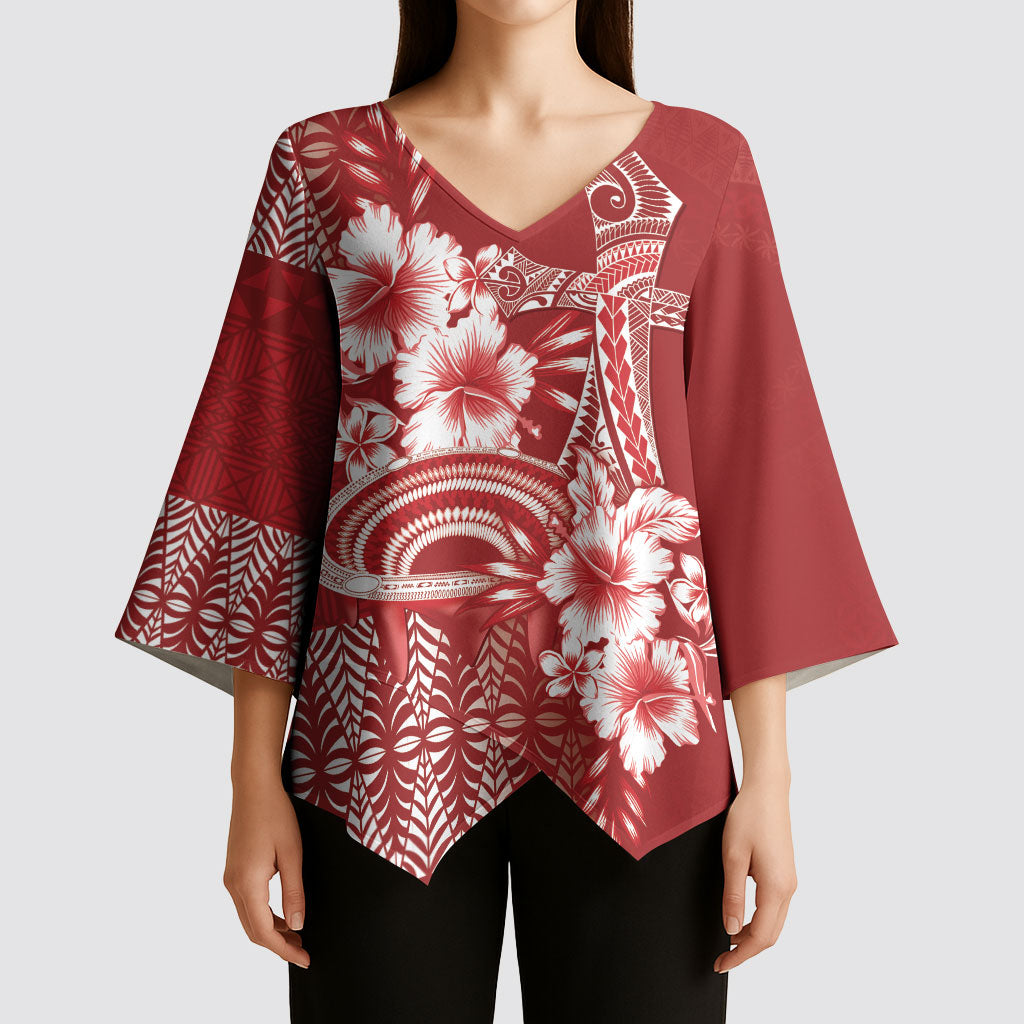Tonga Ngatu Kupesi Royal Red Kimono Sleeve Blouse Koe Otua Mo Tonga Ko Hoku Tofia LT7 - Polynesian Pride