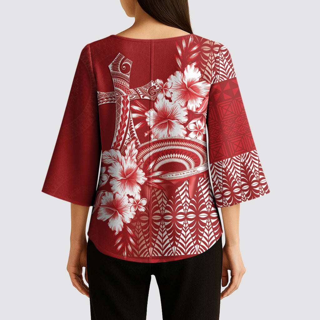 Tonga Ngatu Kupesi Royal Red Kimono Sleeve Blouse Koe Otua Mo Tonga Ko Hoku Tofia LT7 - Polynesian Pride