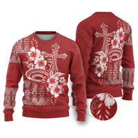 Tonga Ngatu Kupesi Royal Red Ugly Christmas Sweater Koe Otua Mo Tonga Ko Hoku Tofia LT7 Red - Polynesian Pride