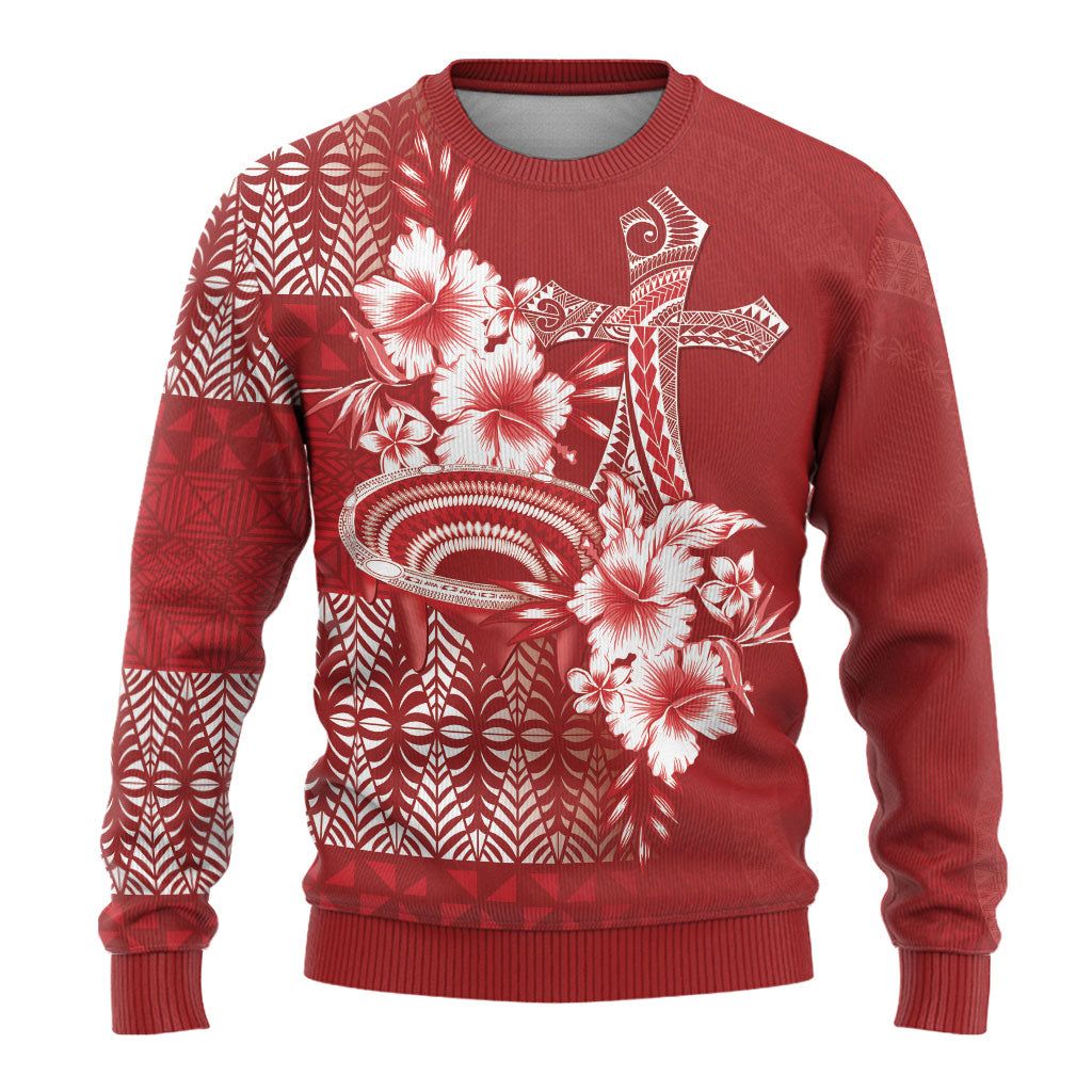 Tonga Ngatu Kupesi Royal Red Ugly Christmas Sweater Koe Otua Mo Tonga Ko Hoku Tofia LT7 - Polynesian Pride