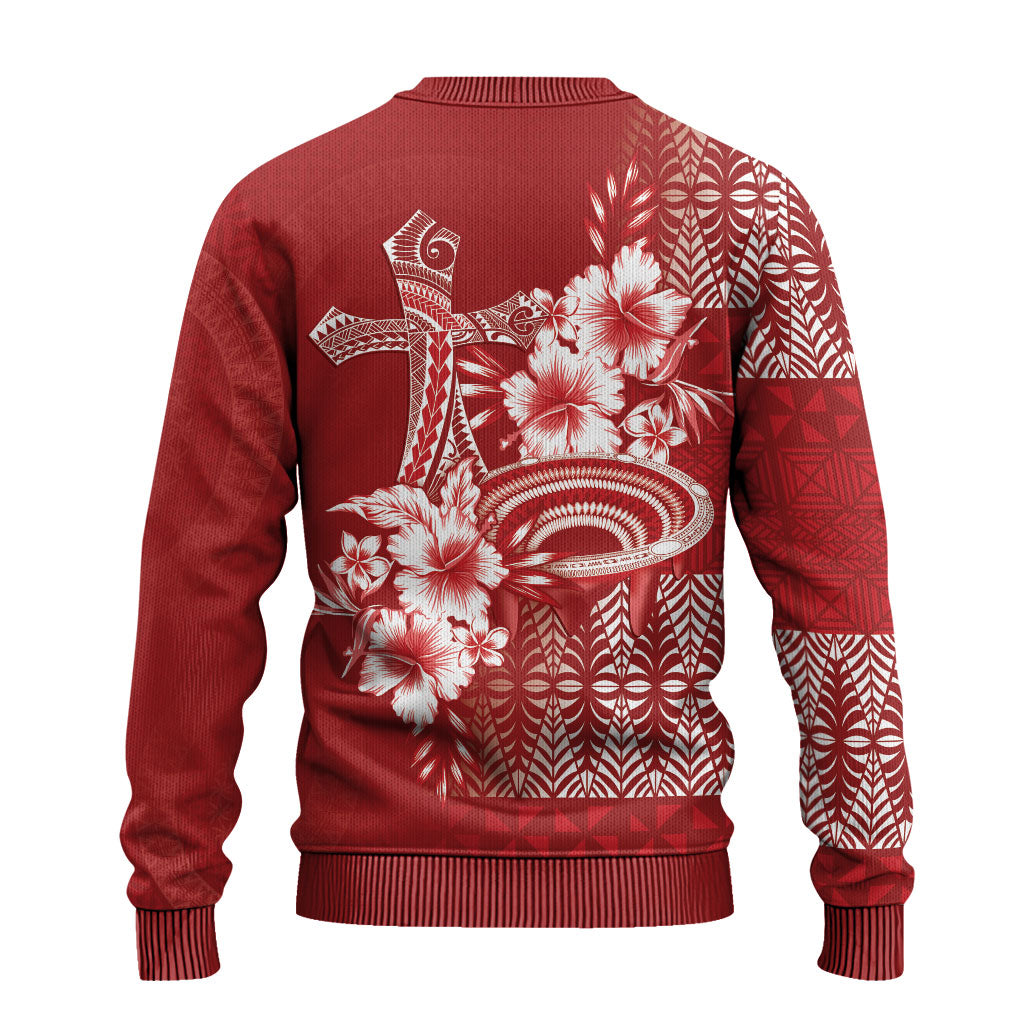 Tonga Ngatu Kupesi Royal Red Ugly Christmas Sweater Koe Otua Mo Tonga Ko Hoku Tofia LT7 - Polynesian Pride