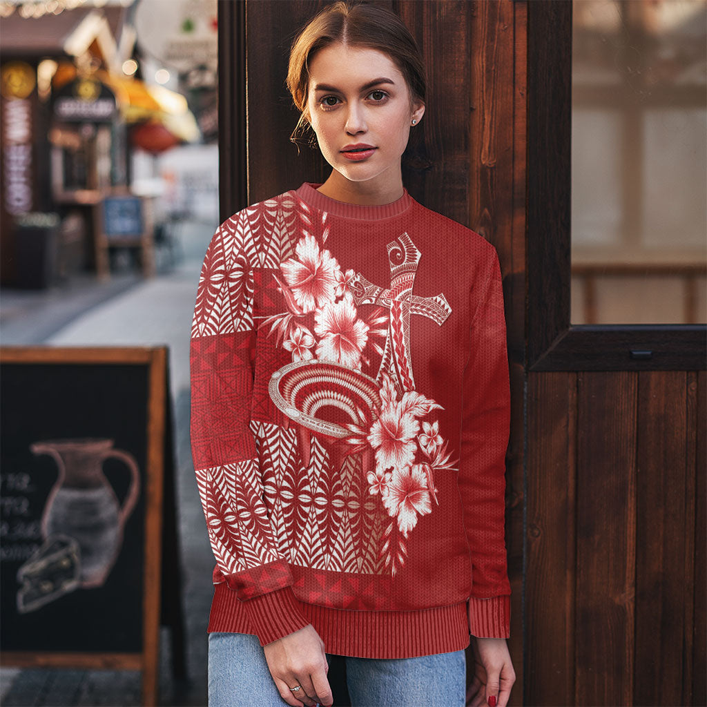 Tonga Ngatu Kupesi Royal Red Ugly Christmas Sweater Koe Otua Mo Tonga Ko Hoku Tofia LT7 - Polynesian Pride