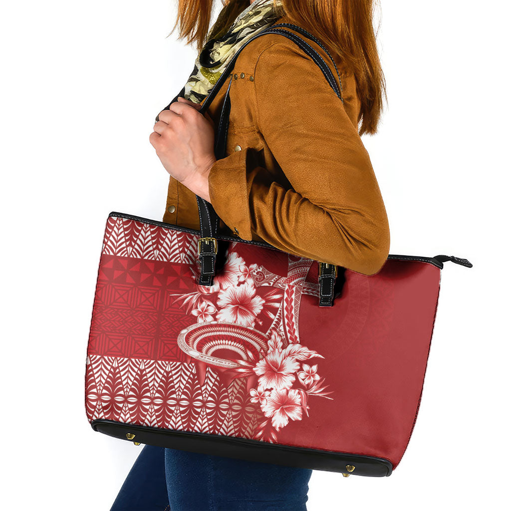 Tonga Ngatu Kupesi Royal Red Leather Tote Bag Koe Otua Mo Tonga Ko Hoku Tofia LT7 Red - Polynesian Pride