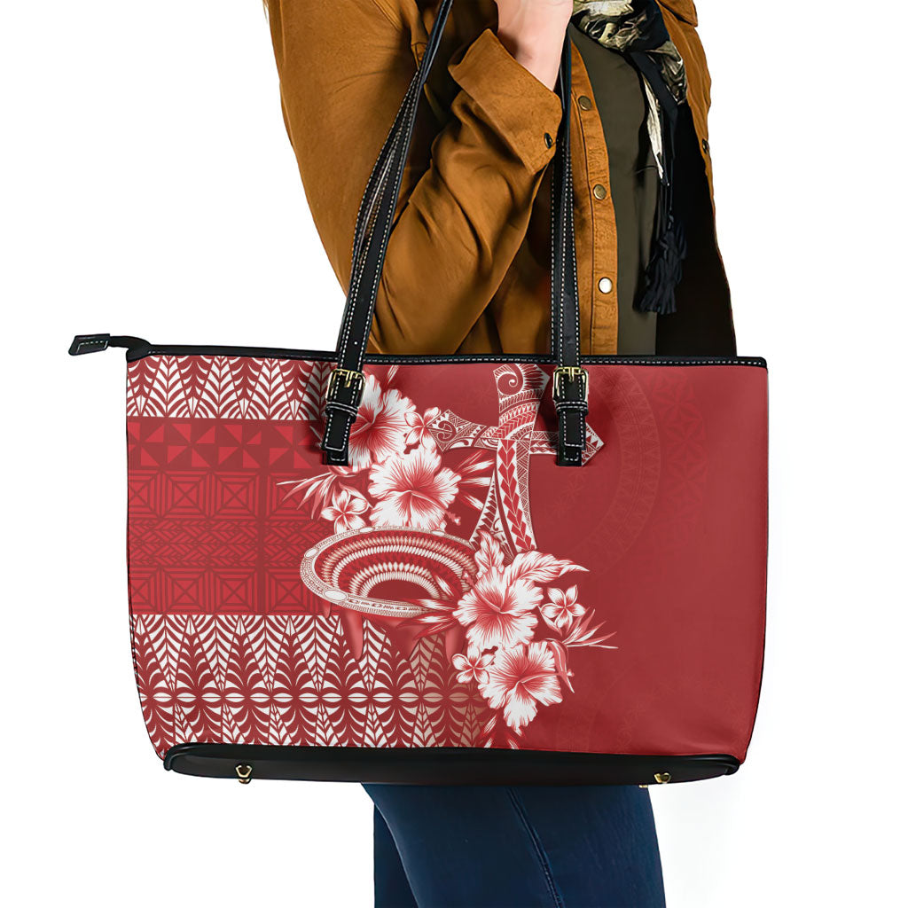 Tonga Ngatu Kupesi Royal Red Leather Tote Bag Koe Otua Mo Tonga Ko Hoku Tofia LT7 - Polynesian Pride