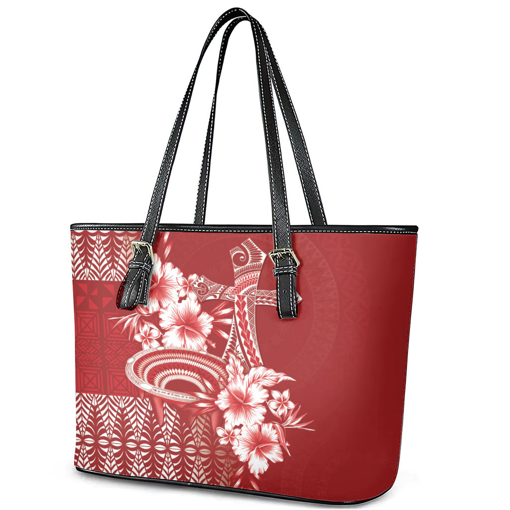 Tonga Ngatu Kupesi Royal Red Leather Tote Bag Koe Otua Mo Tonga Ko Hoku Tofia LT7 - Polynesian Pride