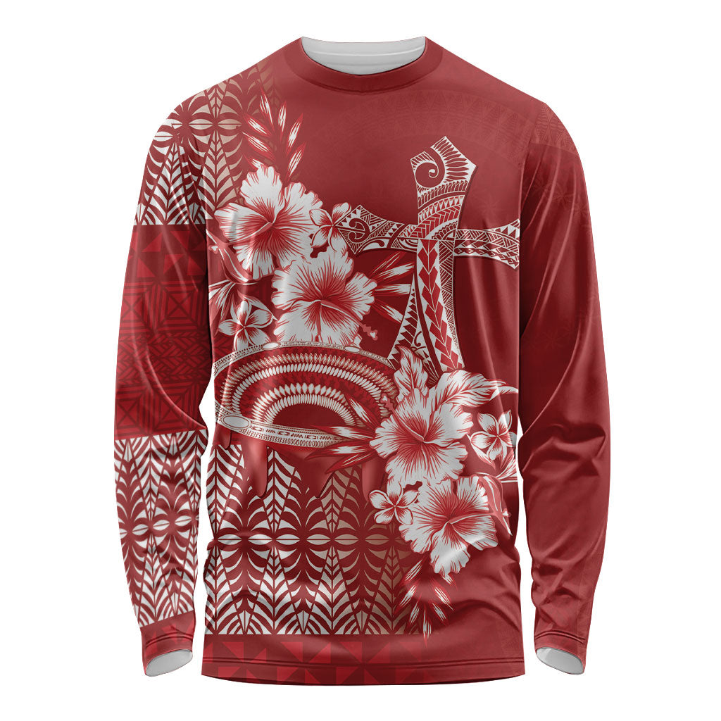 Tonga Ngatu Kupesi Royal Red Long Sleeve Shirt Koe Otua Mo Tonga Ko Hoku Tofia LT7 Unisex Red - Polynesian Pride