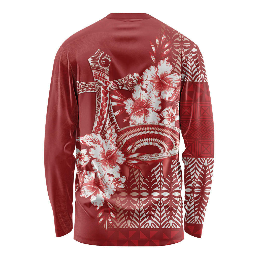Tonga Ngatu Kupesi Royal Red Long Sleeve Shirt Koe Otua Mo Tonga Ko Hoku Tofia LT7 - Polynesian Pride