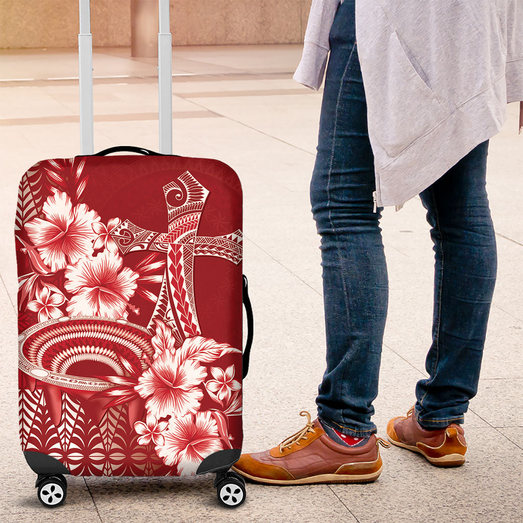 Tonga Ngatu Kupesi Royal Red Luggage Cover Koe Otua Mo Tonga Ko Hoku Tofia LT7 Red - Polynesian Pride