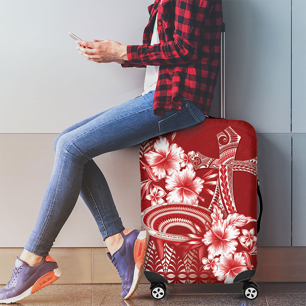 Tonga Ngatu Kupesi Royal Red Luggage Cover Koe Otua Mo Tonga Ko Hoku Tofia LT7 - Polynesian Pride