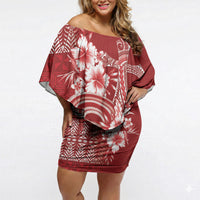 Tonga Ngatu Kupesi Royal Red Off Shoulder Short Dress Koe Otua Mo Tonga Ko Hoku Tofia LT7 Women Red - Polynesian Pride